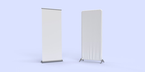 Pull-up Banner and Fabric Cloth Banner Wall on blue Background, 3d render illustration.