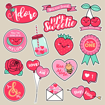 Set of girl fashion patches, cute cartoon badges, fun stickers design in romantic love concept.