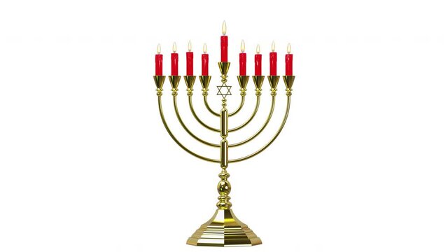Hebrew Menorah of Hanukkah with burning red candles symbol for Jewish holiday. On transparent background. 3D render. Looped video. ProRes 4444