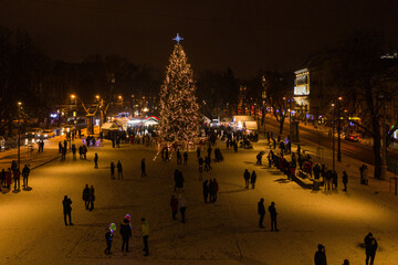  Christmas tree near Opera House in Lviv, Ukraine. View from drone
