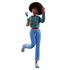 A Romantic 3D Afro Girl Cartoon Design holding a rose
