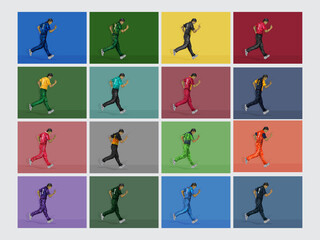 Social Media Post Collections of a Different Teams Cricketers or Bowlers in Team Jersey Celebrating with Copy Space for Your Message. Pixel Art Detailed Character Illustrations.
