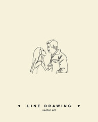 A loving couple looks at each other. The man looks at the woman. A glass of coffee in hands. Vector line drawing of loving couple. Group of hand drawn talking young people. Vector line.