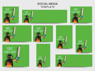 Social Media Template And Header Design Set With Papua New Guinea Cricket Batter Player On Green Grid Background.