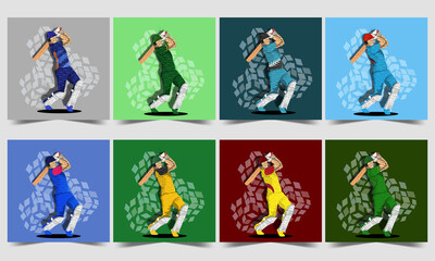 Social Media Posts With Different Countries Cricket Batter Player And Rhombus Pattern In Eight Color Options.