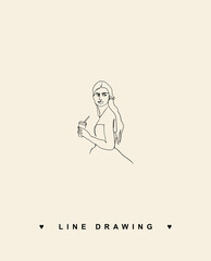 Line-drawn woman. Girl with coffee. Woman in a dress. Bride line drawing. Young girl in dress drawing by line. Vector line drawing.