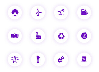 industry purple color vector icons on light round buttons with purple shadow. industry icon set for web, mobile apps, ui design and print