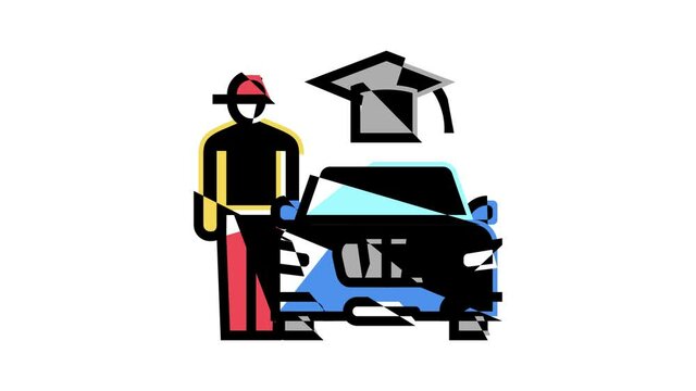 Driving School Lesson color icon animation. Driving School Educational Material And Test, Diagonal And Parallel Parking Teach Instructor L