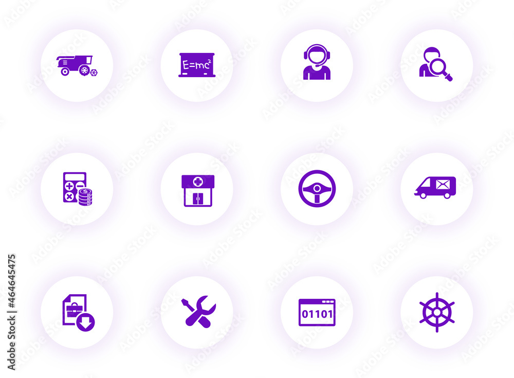 Poster job search purple color vector icons on light round buttons with purple shadow. job search icon set 
