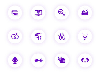 jewelry purple color vector icons on light round buttons with purple shadow. jewelry icon set for web, mobile apps, ui design and print