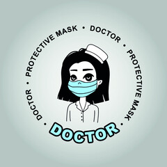 Doctor logo. Protective mask. Illustration of girl. A girl in a doctoral uniform. Woman is a doctor.