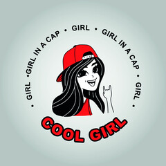 Cool girl. Girl in a cap. The girl shows a goat. Vector drawing of a girl's face. Happy teenager logo.