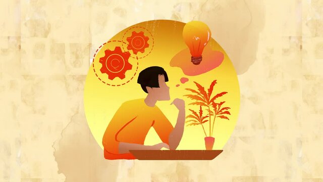 Animation. Autumn evening. Boy sitting at the table thinking. He ponders. The boy got an idea, Eureka. Asian guy in a sweater, Japanese, Korean, Chinese etc. Golden yellow glow. Thinking  autumn.