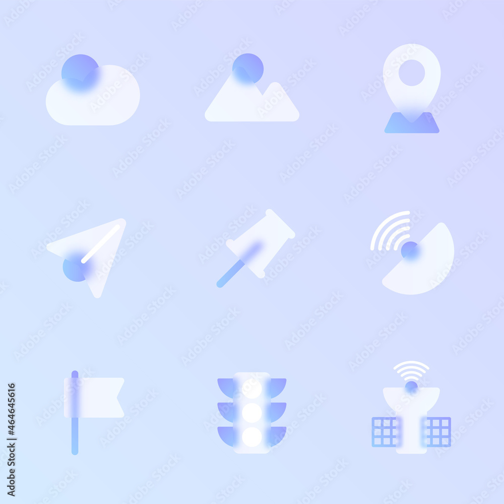 Poster navigation glass morphism trendy style icon set. navigation transparent glass color vector icons wit