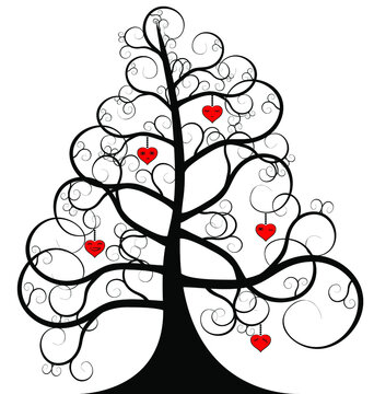 white background and the abstract black tree with red hearts faces
