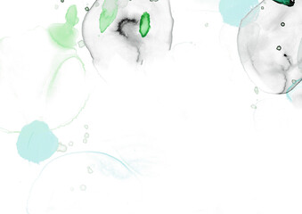 Green blue watercolor background texture in light pastel colors, abstract shapes of watercolor illustration