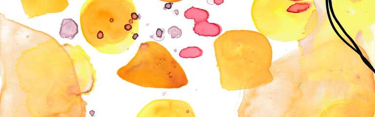 Banner Format, abstract background with orange and yellow watercolor splashes and shapes
