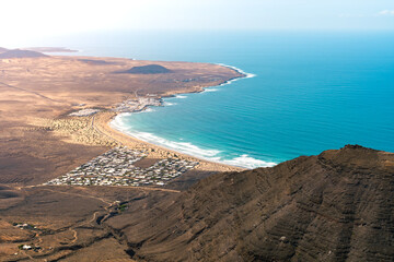 Beautiful landscape of the coast of Lanzarote from the air in Canary Islands, Spain.