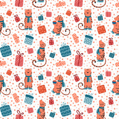 seamless pattern with tigers and gifts 