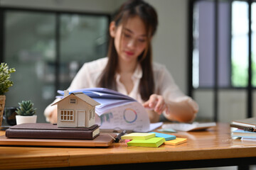 Close-up image of female bank employee working at the wooden table surrounded by a potted plant,...