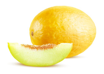 A whole melon and a cut piece isolated on a white background. Yellow melon with light green flesh.