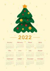Christmas Calendar template for 2022. Vertical design with Christmas tree. Editable illustration page template A4, A3, set of 12 months. Wall decor, poster Vector mesh. Week starts on Monday.