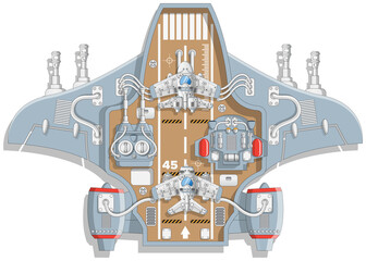 Flying futuristic aircraft carrier with planes. View from above. Isolated on white background. Vector illustration.