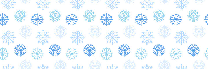 Christmas background with white snowflakes seamless pattern on dark blue backdrop. Xmas ornament, new year minimalist snow decoration for festive banner, holiday postcard, price tag, packaging design.