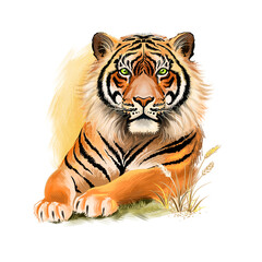Tiger head isolated on white background digital art illustration. Wildlife safari animal, symbol of chinese horoscope, portrait of render predator, big angry striped cat, jungle mascot mammal.