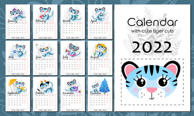 Vector calendar 2022 with symbol of new year. Week starts from Monday. Cute blue tiger cub, in different seasons, doing hobbies. Set of 12 isolated months and cover. A4 format for print