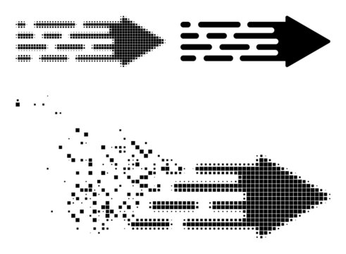 Fractured pixelated transition arrow icon with halftone version. Vector destruction effect for transition arrow icon. Pixelated mist effect for transition arrow gives speed of cyberspace things.