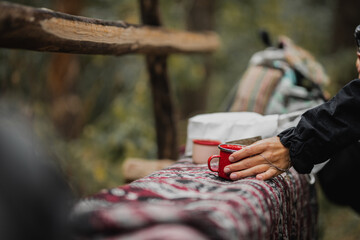 a warm blanket, mugs and a thermos with hot tea are laid out on a bench in the forest