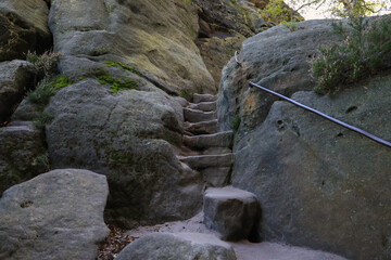Hiking on the mountain Pfaffenstein, hiking trail with steps, Saxon Switzerland - Germany