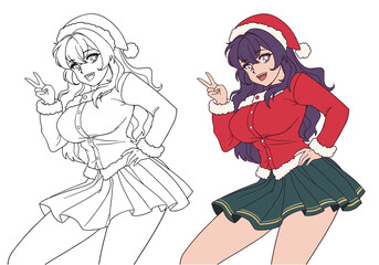 Cute anime girl wearing Christmas costume and gives a V sign.