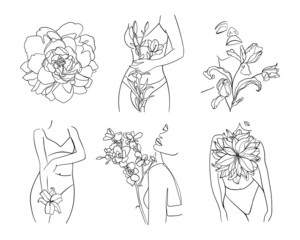 Set of abstract flowers and body, face in one line style. Woman beauty fashion concept. - Vector illustration