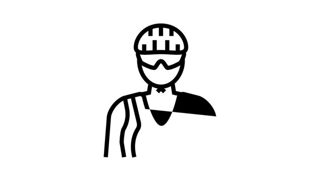 Bike Transport And Accessories black line animation. Bike And Tricycle, Rider Protective Helmet And Clothes, Glasses And Water Bottle, Urban And Cruiser Bicycle