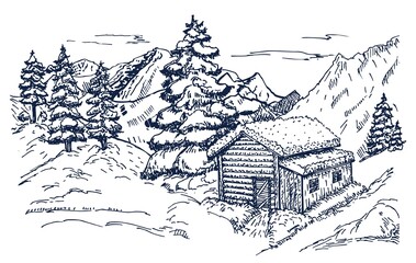 Winter. House in a snowy forest. Snow. Nature in the mountains sketch, winter landscape and winter hut rest. Winter landscape graphic black white sketch illustration vector