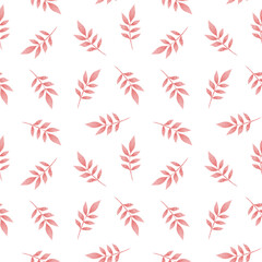Fototapeta na wymiar Seamless pattern with beautiful watercolor pink plant branches on a white background. Spring symbol print in cute romantic style. Raster illustration, hand drawing.