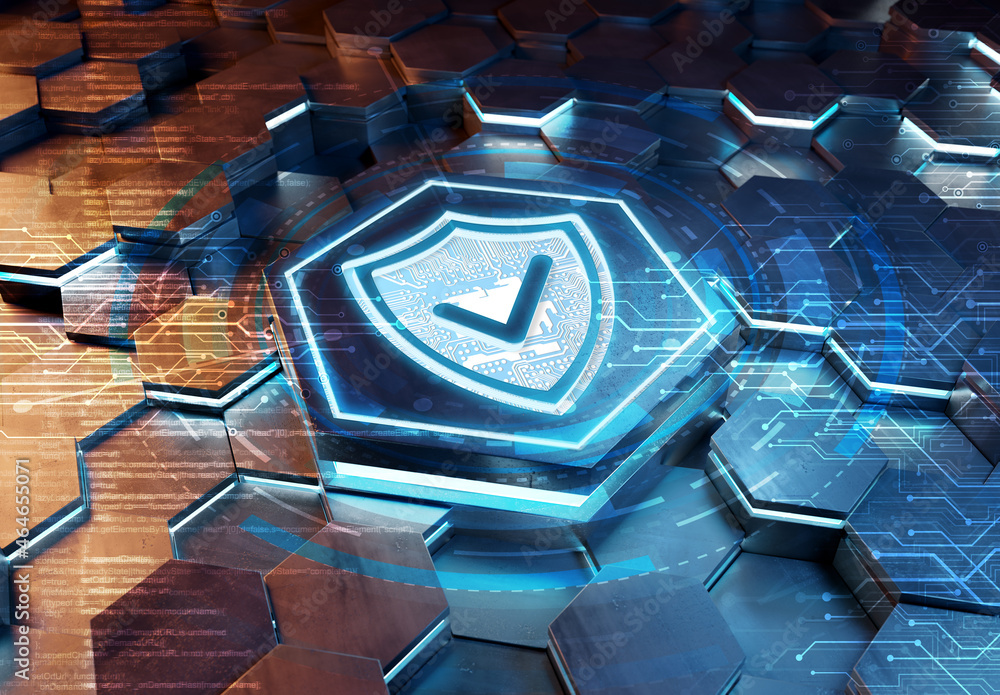 Aufkleber Shield icon concept engraved on metal hexagonal pedestral background. Security Logo glowing on abstract digital surface. 3d rendering