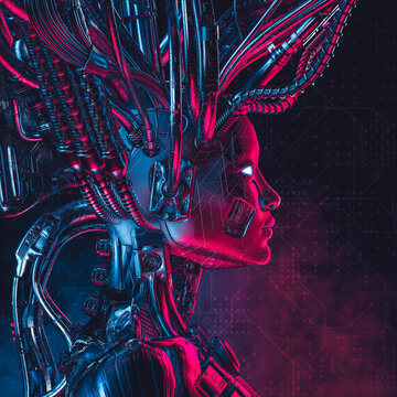 Bride of the machine - 3D illustration of metallic science fiction female artificial intelligence inside futuristic computer core