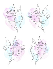 Vector illustration, Kiss of two girls, lesbian couples. lgbt concept, minimalistic one line style.