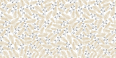 Christmas pattern with gold spruce and berries on white background. Seamless vector illustration.
