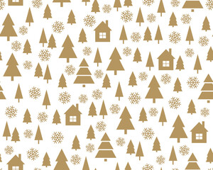 Silhouettes of houses in the forest with a snowflakes on a white background. Vector illustration.