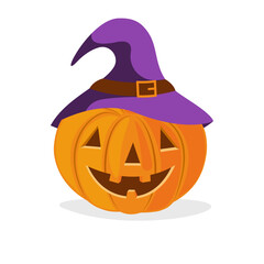 Halloween Pumpkin in cap isolated on white background. Happy face cartoon icon. Vector illustration flat design. Hello Halloween.