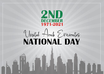 Fototapeta premium UAE vector illustration, with sunburst gray background UAE skyline. United Arab Emirates 2nd Decembr National Day 1971-2021.