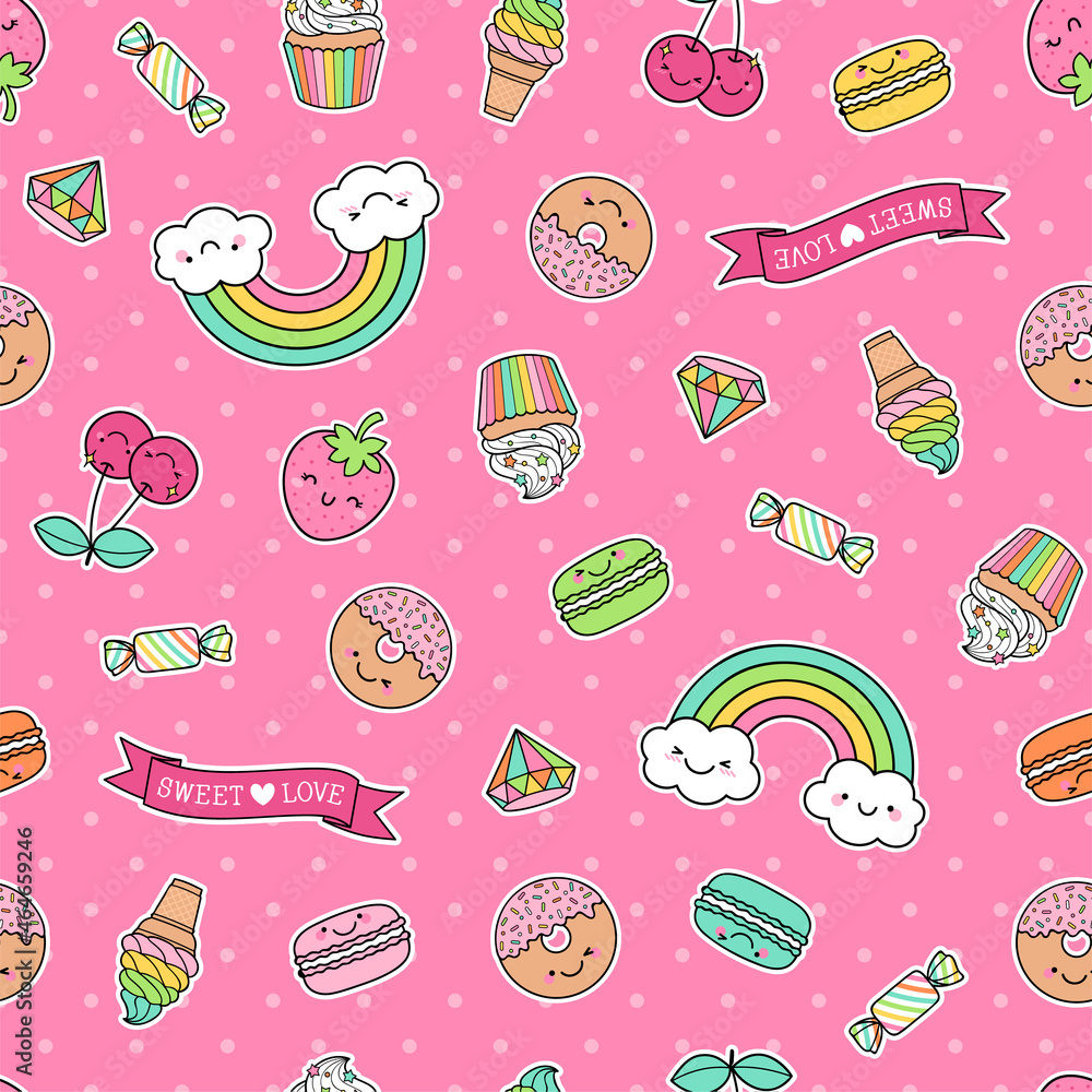 Wall mural Cute dessert patches seamless pattern on dot pink background.