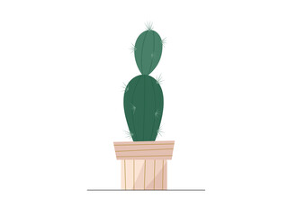 Cute flat vector cactus in beige linear flowerpot illustration. Modern cartoon mini cacti plant in trendy pot icon for logo, print, web decoration design. Cozy home flower vector graphic element.
