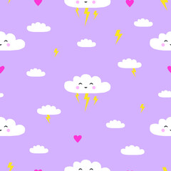 Vector pattern with thunder clouds and pink hearts on purple sky