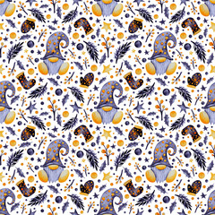 Watercolor PATTERN with GNOME and GREY and YELLOW ELEMENTS isolated on white background