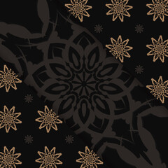 Black greeting card with brown mandala ornament prepared for typography.
